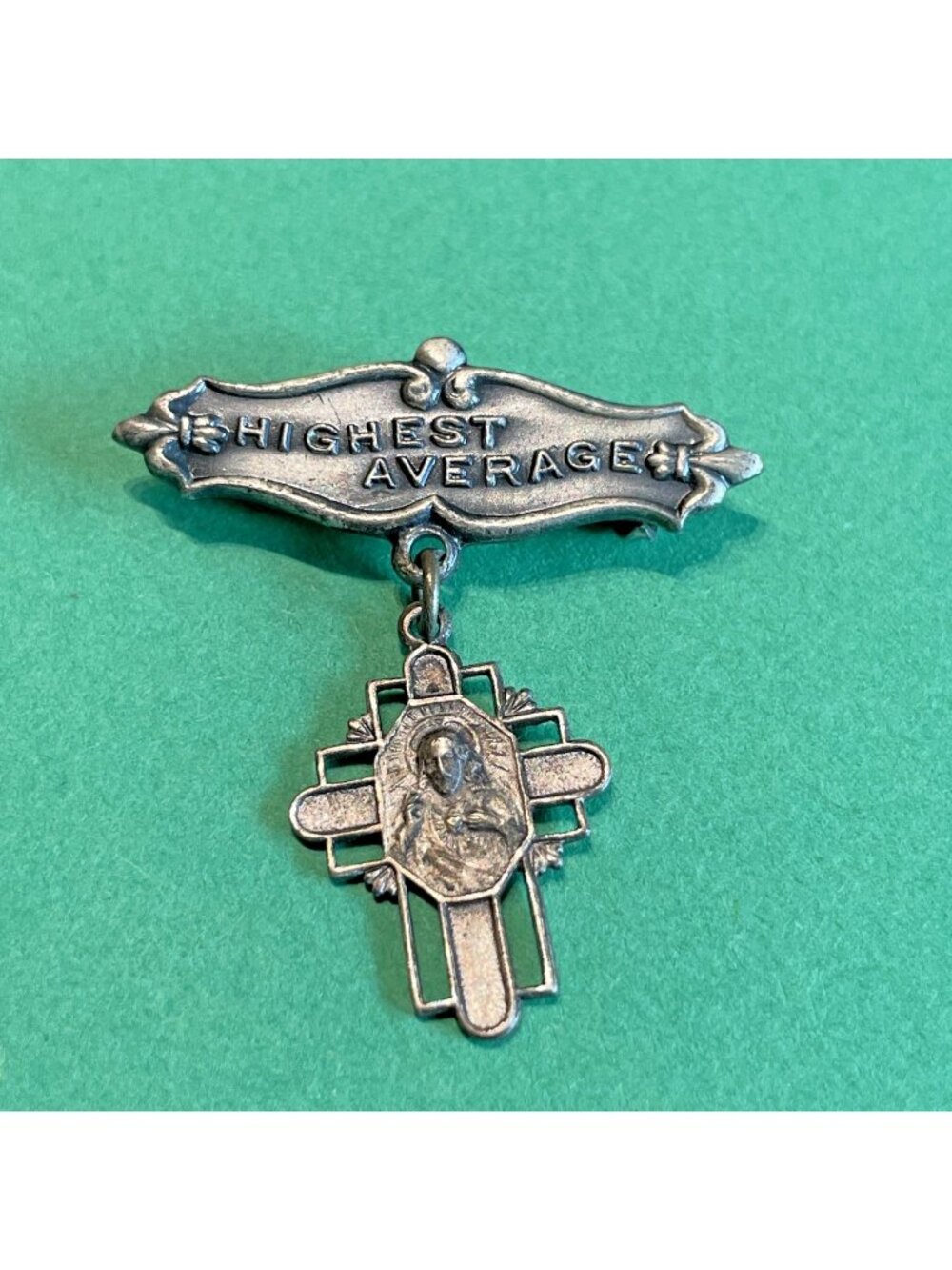 Rare Vintage Highest Average Catholic Brooch Award Pin C Clasp Silver-tone